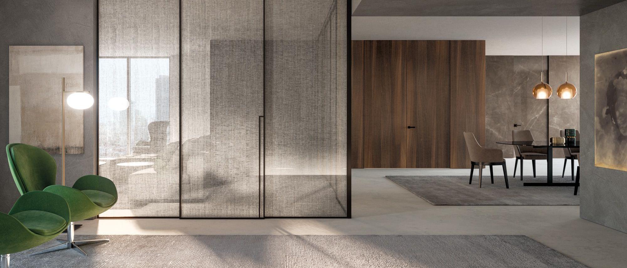 Porta interna in vetro Henry Glass, collezione Manhattan, decoro lino